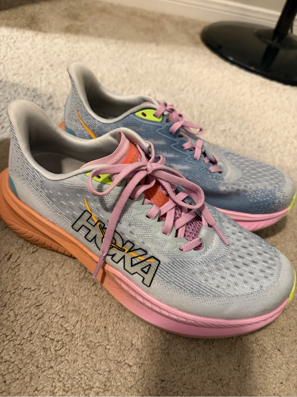 Hoka Women Light Blue Sneakers with Pink & Orange Accents - Picture 3 of 5
